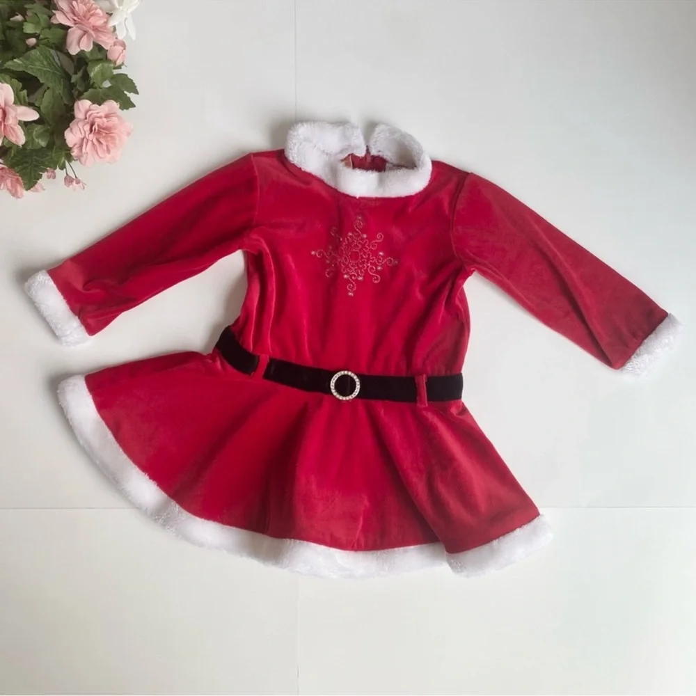 Holidays Christmas Red White Velvet Long Sleeves Infant/ Toddler Girl Dress